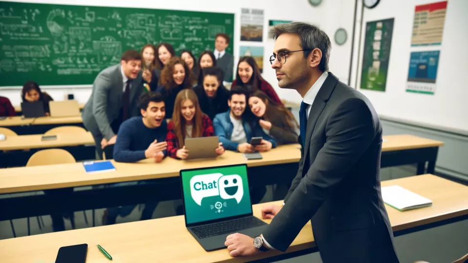 Image showing a teacher in a classroom where students are gathered around a laptop and the teacher looks pensive. The image is created using generative AI through DALLE.
