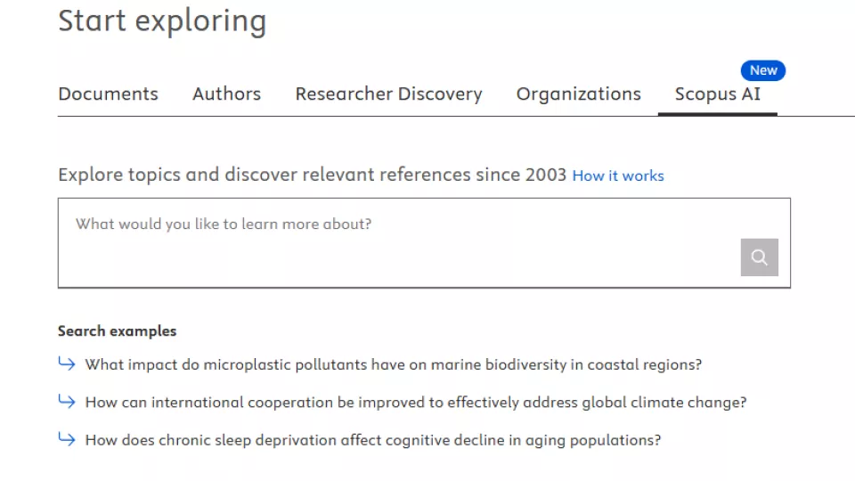 Screenshot showing the search field in the Scopus AI tool. 