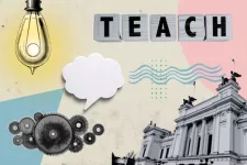 Collage style illustration with the text "teach", a light bulb, the university building, gears and a speech bubble.