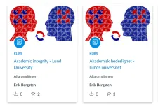 Two course cards in Canvas with an illustration of two heads in profile with puzzle pieces and circular arrows between them. The cards are titled ‘Academic integrity’ and ‘Akademisk hederlighet’ (Academic honesty), both from Lund University.