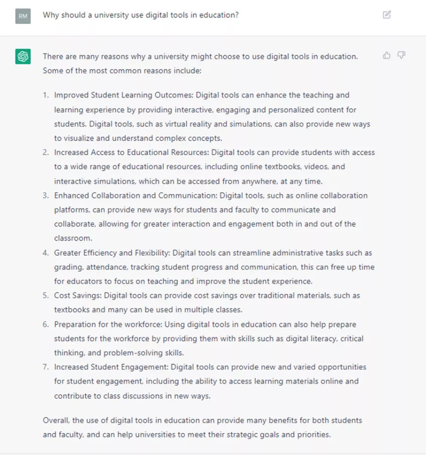 Screenshot from the tool ChatGPT on why should a university use digital tools in education.