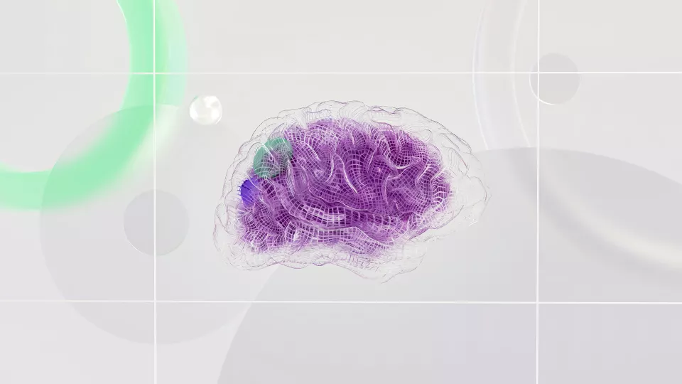 Bilden visar en konstnärs digitala illustration av artificiell intelligens (AI) med en lila hjärna i mitten av bilden.