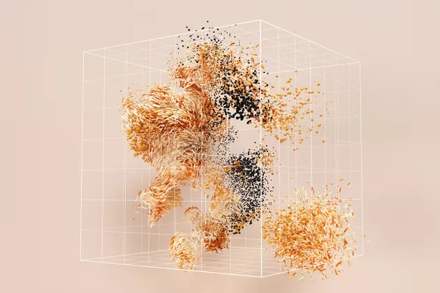 AI-genererad bild som visar en massa olikfärgade föremål mot beige bakgrund. Bilden försöker visa hur AI har en symbiotisk relation med människor.