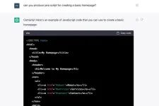Skärmklipp som visar hur verktyget ChatGPT skriver kod för en enkel hemsida.