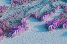 AI-genererad bild som visar kantiga former i blått och lila som påminner om en stad sedd ovanifrån.