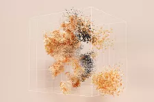 AI-genererad bild som visar en massa olikfärgade föremål mot beige bakgrund. Bilden försöker visa hur AI har en symbiotisk relation med människor.